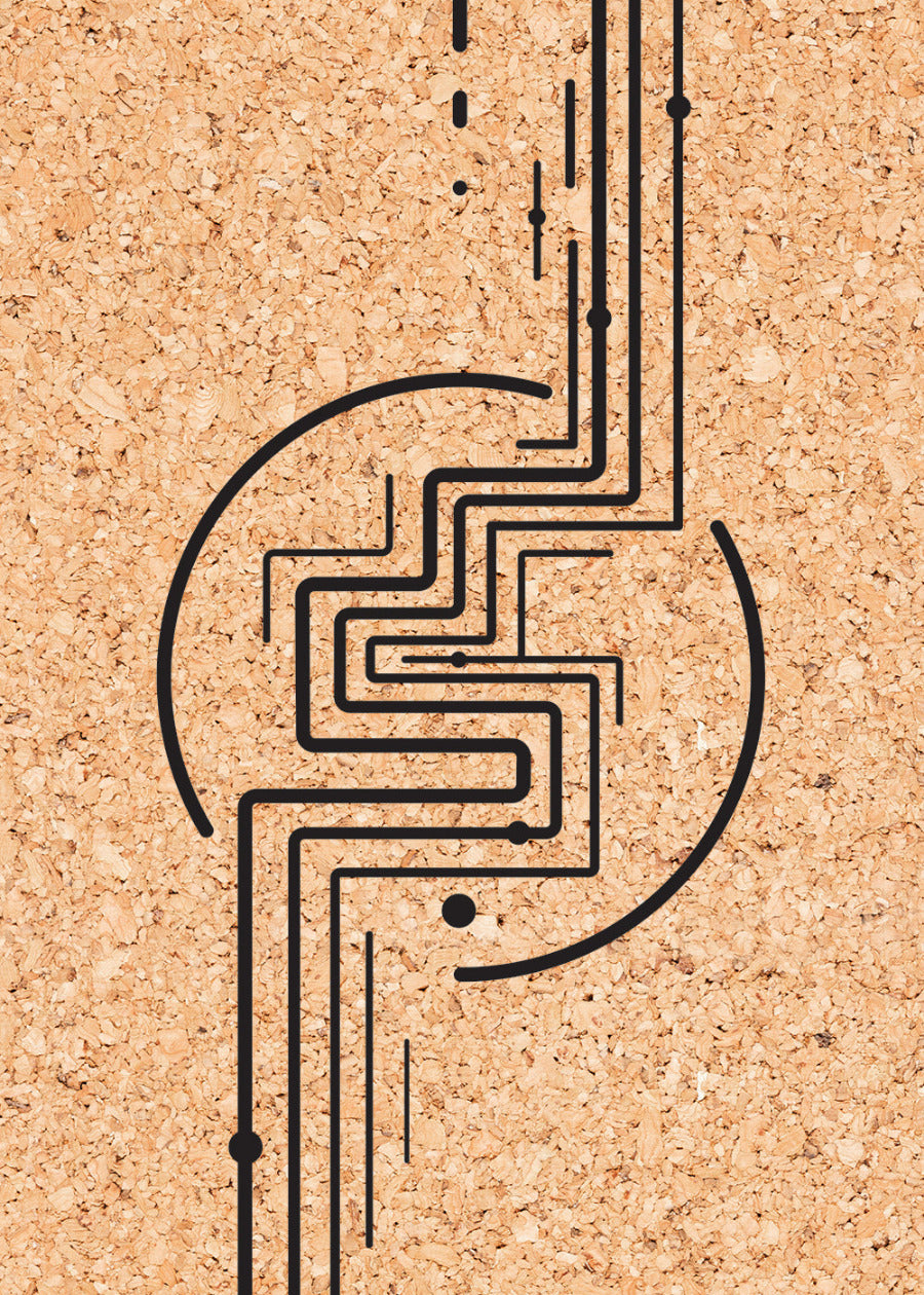 Black line art design on a cork background