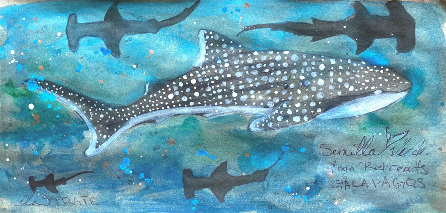 Whale shark illustration yoga mat design with underwater scene and signature on a blue background. cork yoga mat painted