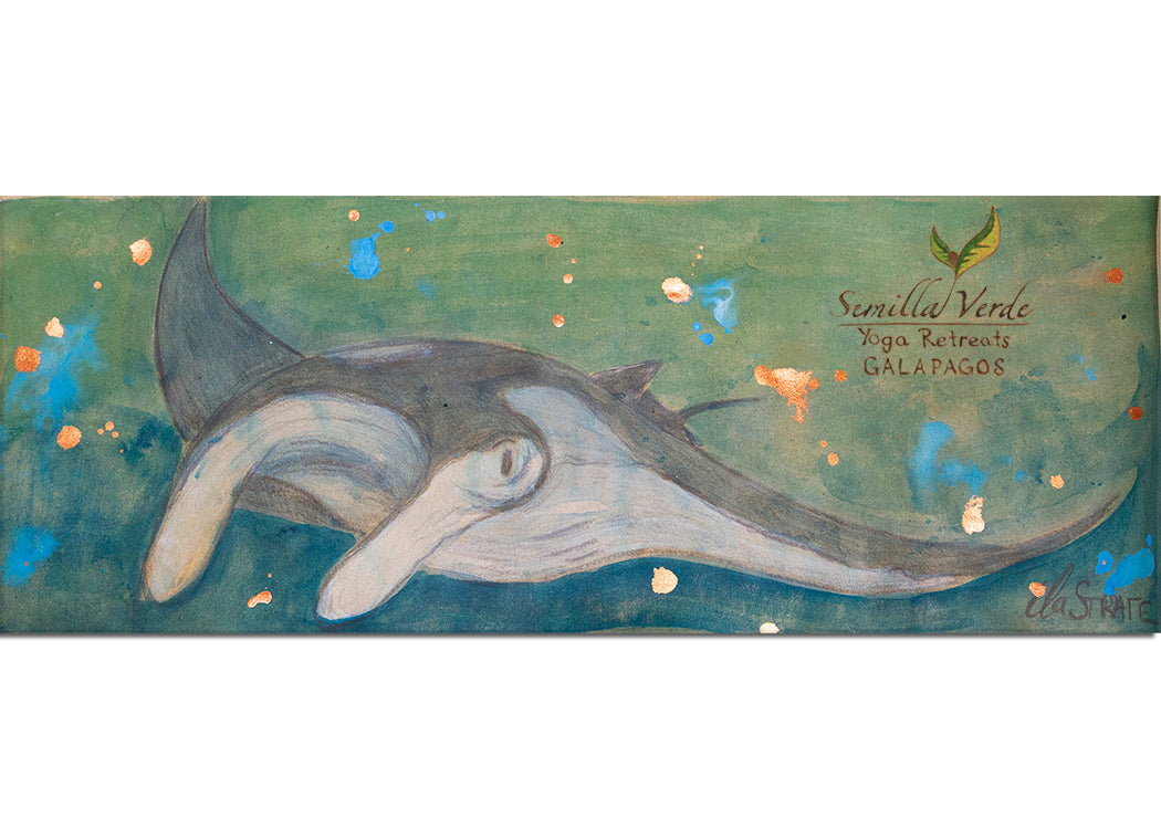 Illustration of a manta ray on a cork yoga mat