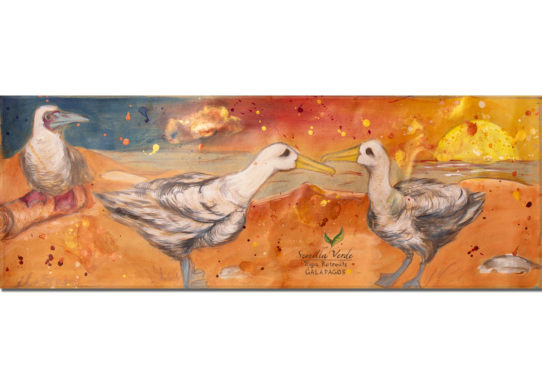 hand painted cork yoga mat with sunset and albatross birds dancing at semilla verde galapagos
