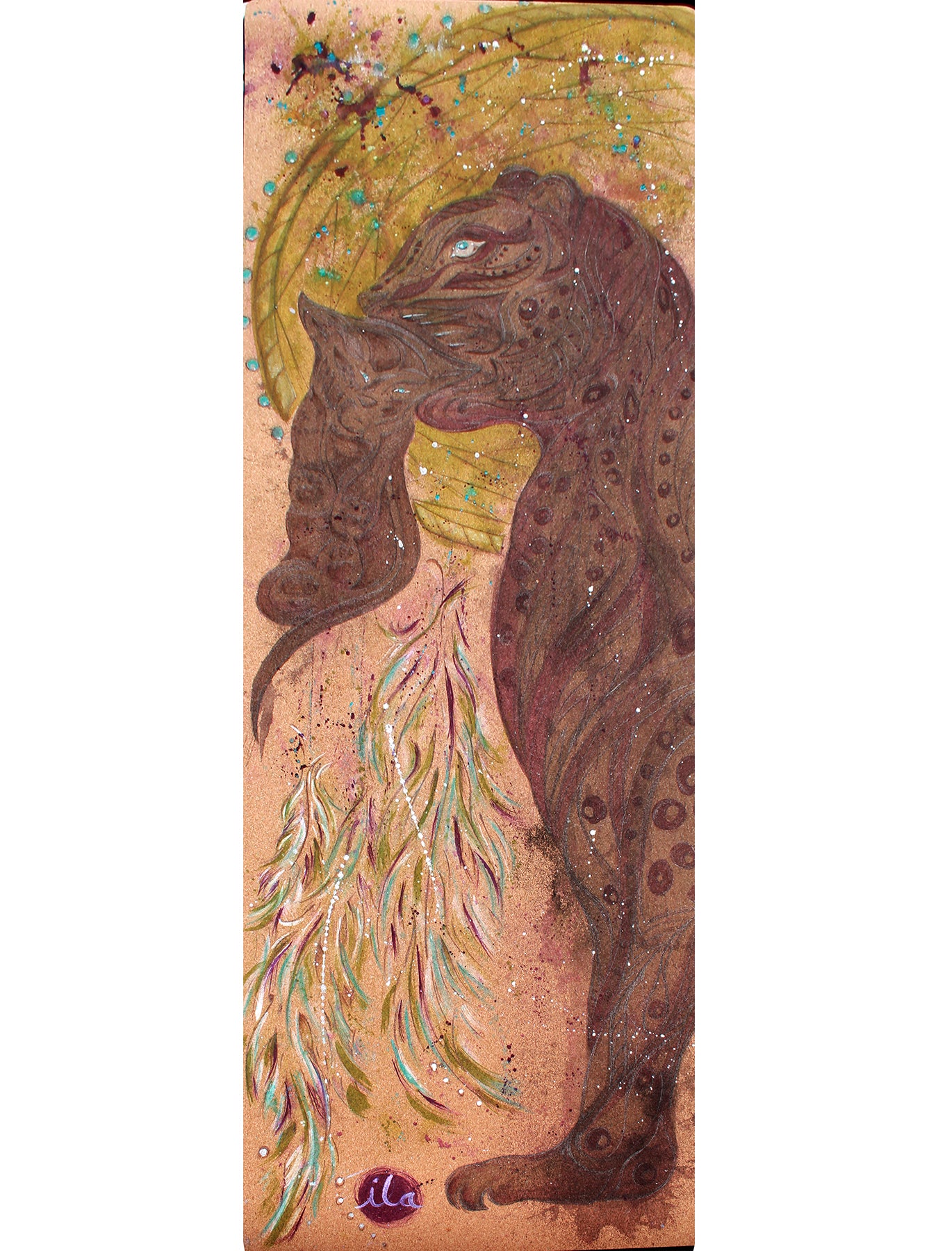 black panther carrying cub hand painted custom cork yoga mat design with dreamcatcher in background. 