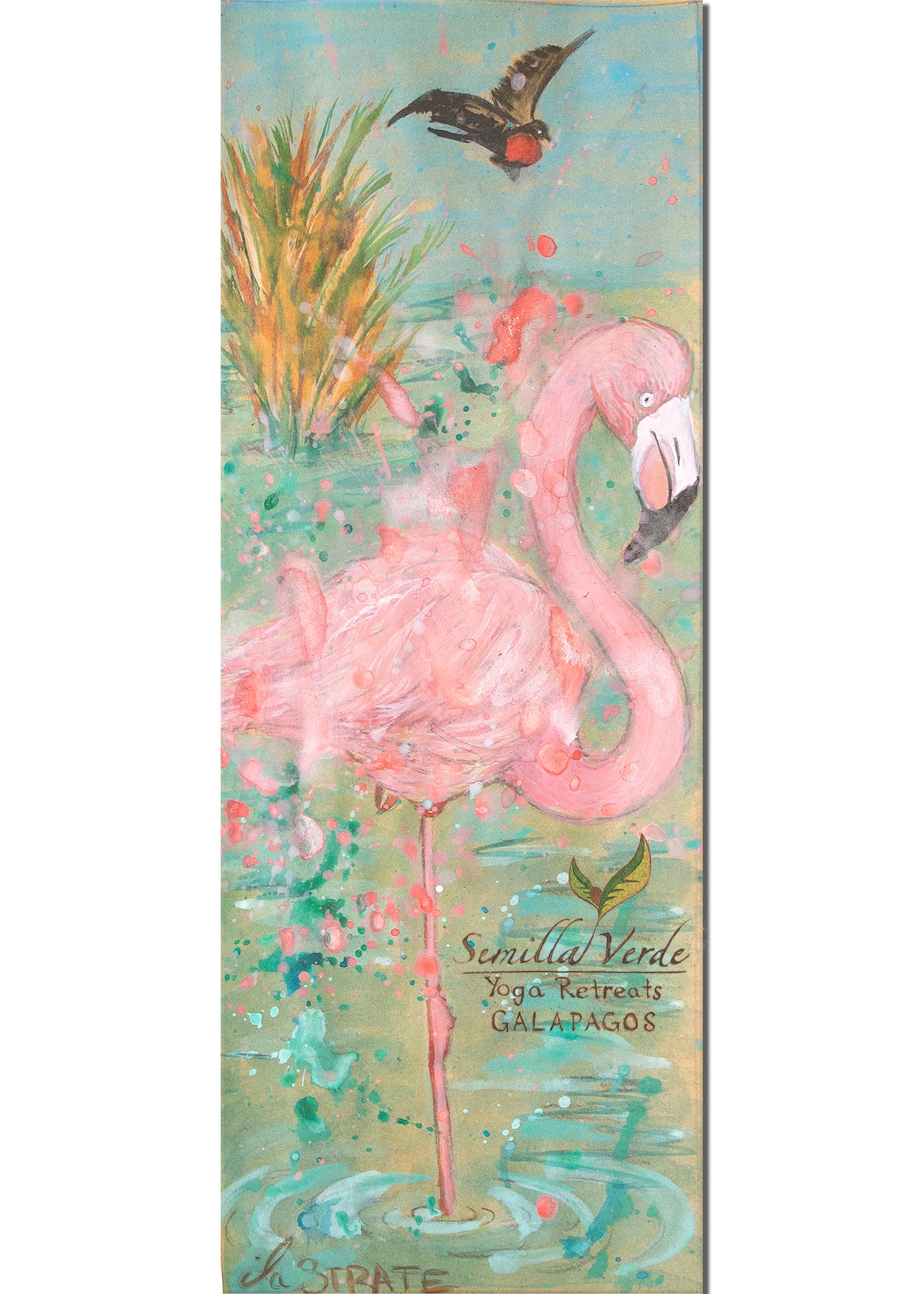 Painting of a pink flamingo in a natural setting on a cork yoga mat