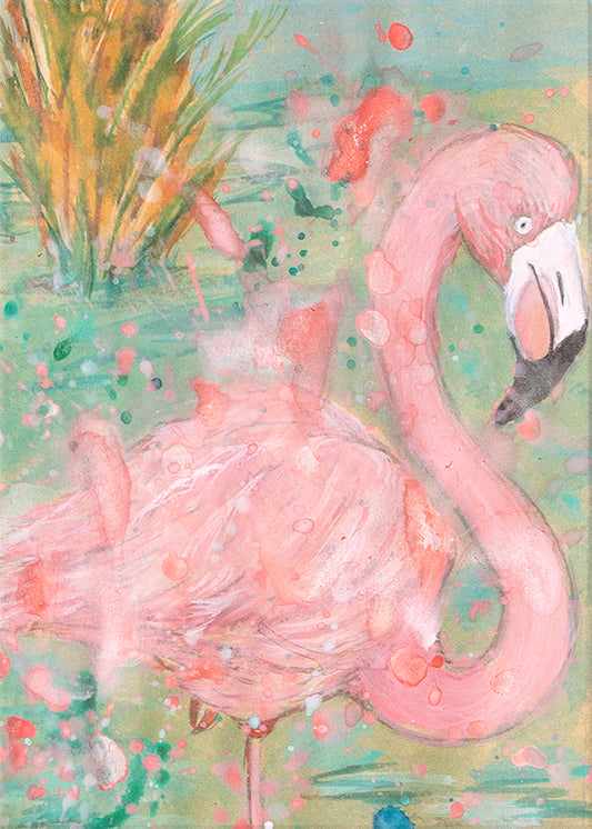 Watercolor painting of a pink flamingo with a green background hand painted on cork yoga mat