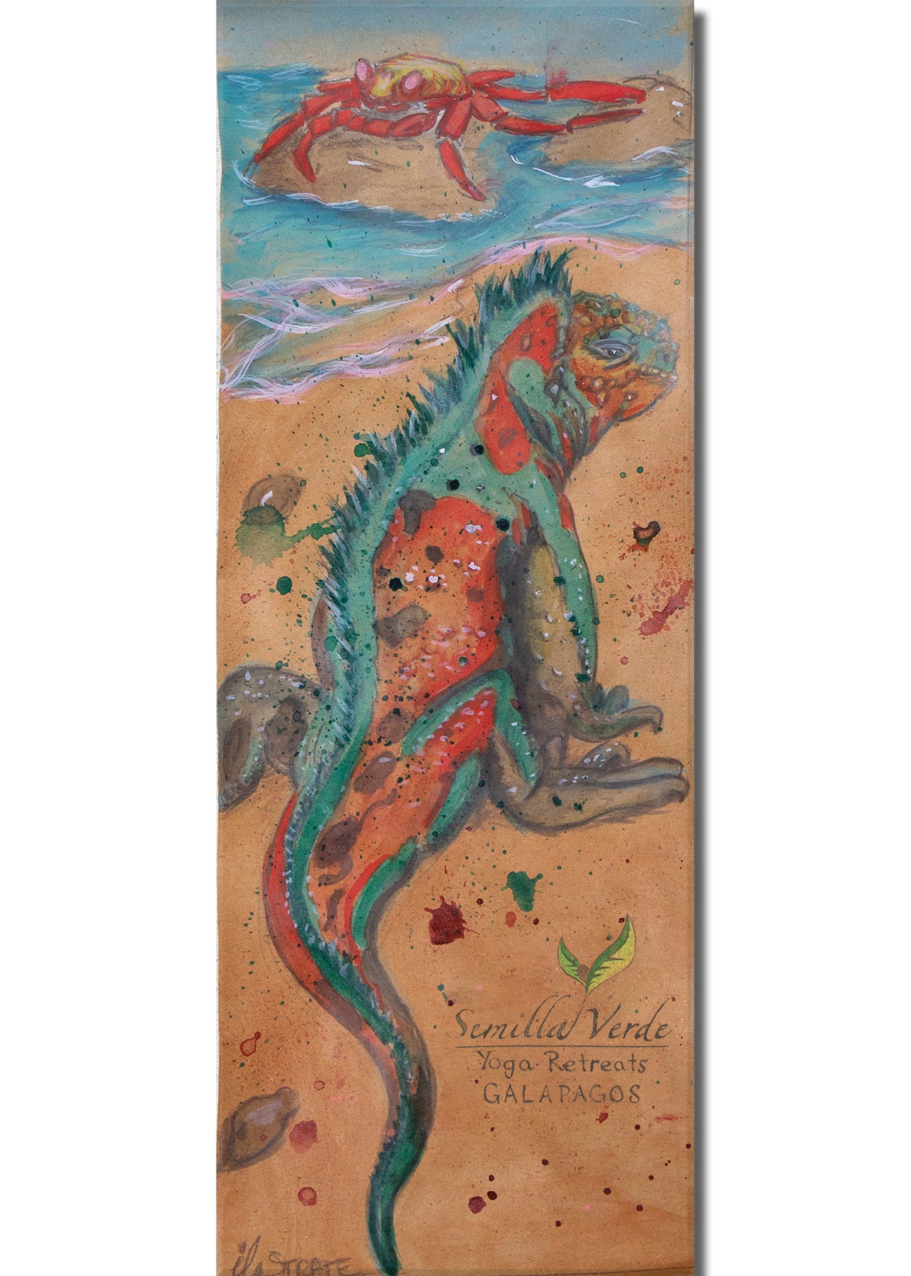 Painting of the galapagos marine iguana on cork yoga mat and sally light-foot crab

