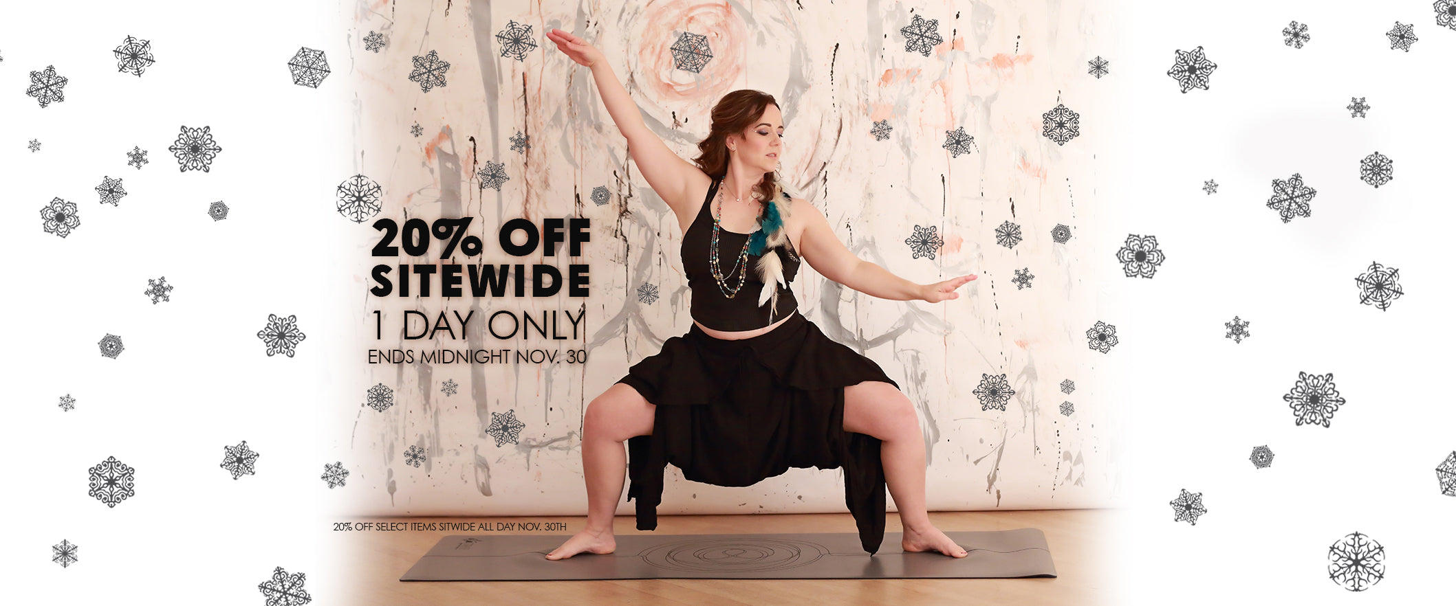 Woman in a black dress practicing yoga with a promotional banner for 20% off sitewide sale on cork yoga mats props and pro yoga mats
