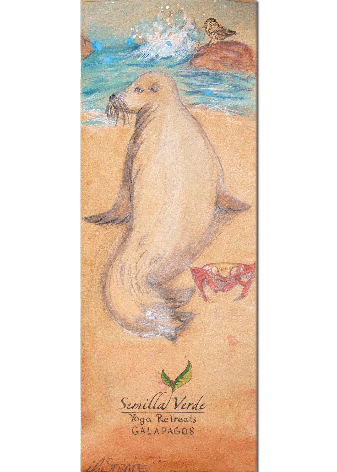 Artistic depiction of a sea lion hand painted on a cork yoga mat galapagos collection