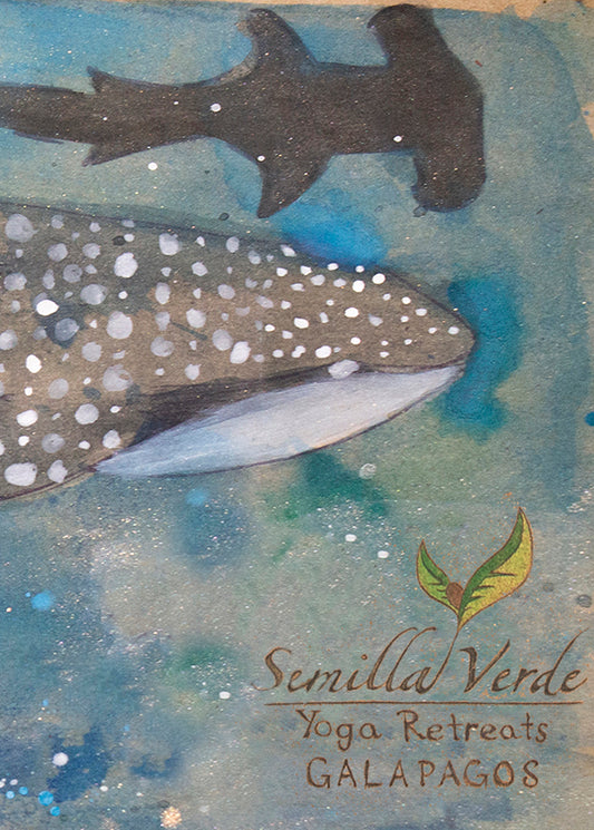 Whale shark illustration on cork yoga mat with underwater scene and hammerhead shark