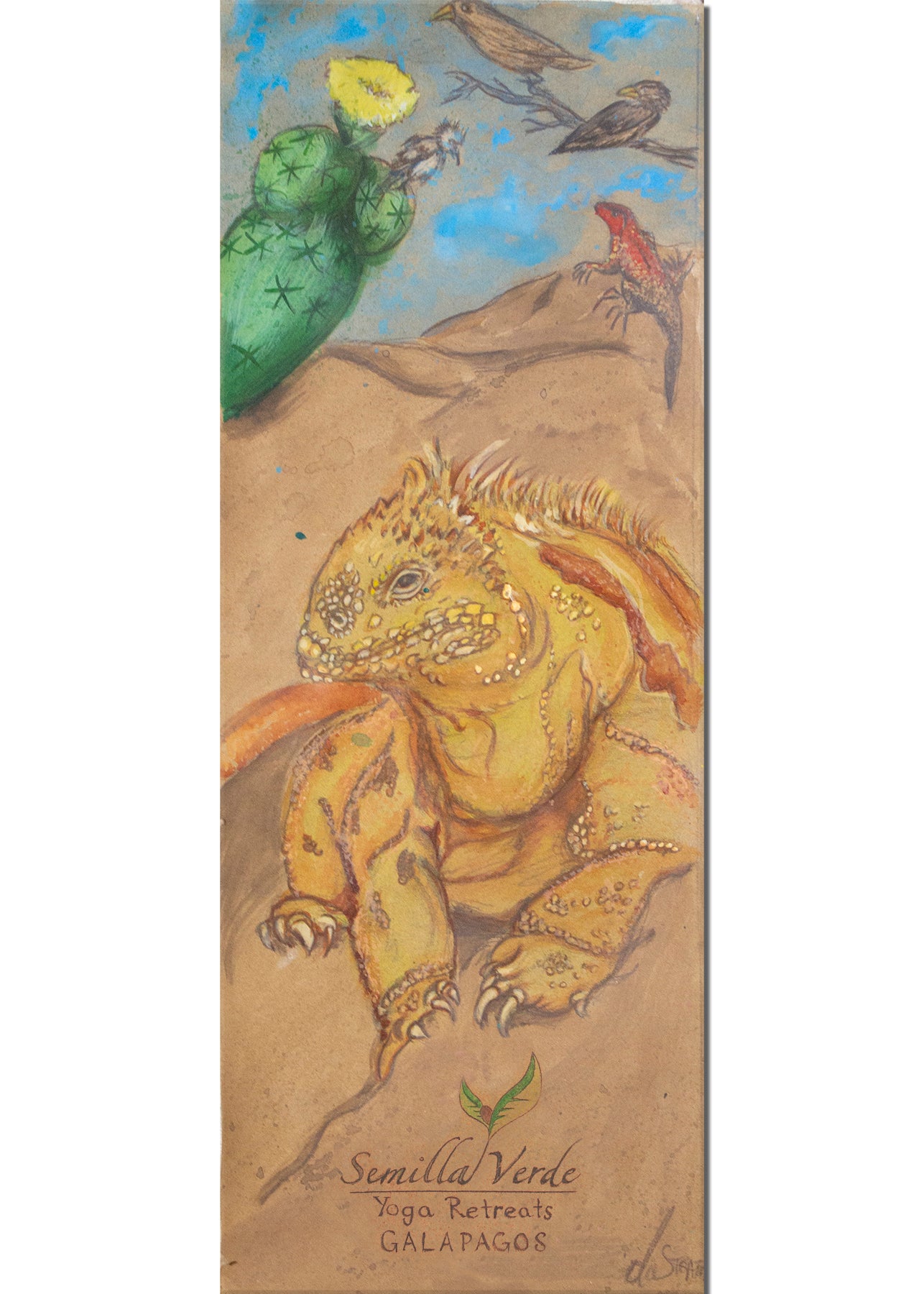 Illustration of a yellow land iguana with a cactus and birds and lava lizard painted on a cork yoga mat