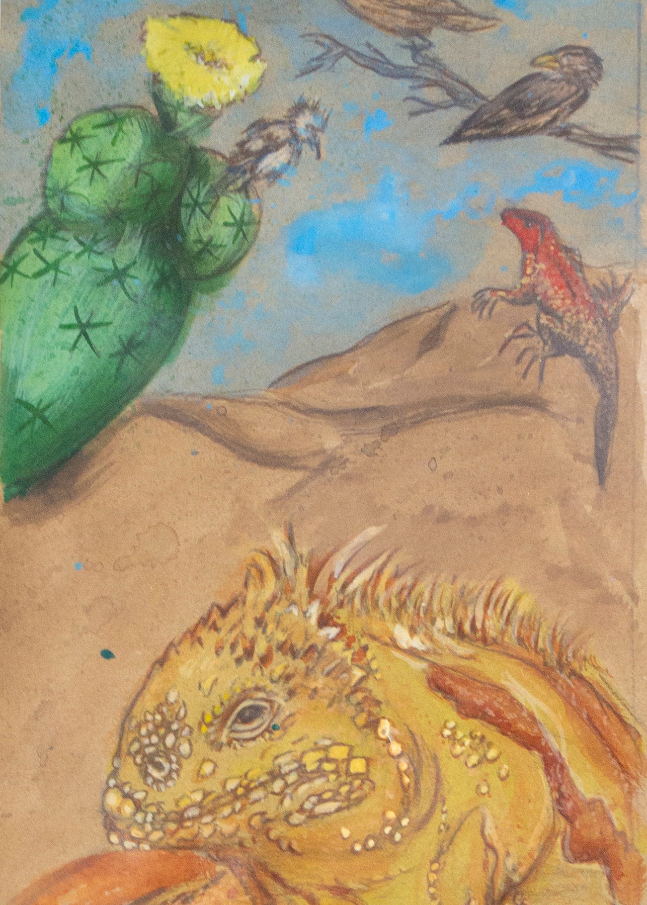 Illustration of a yellow land iguana with a cactus and birds and lava lizard painted on a cork yoga mat