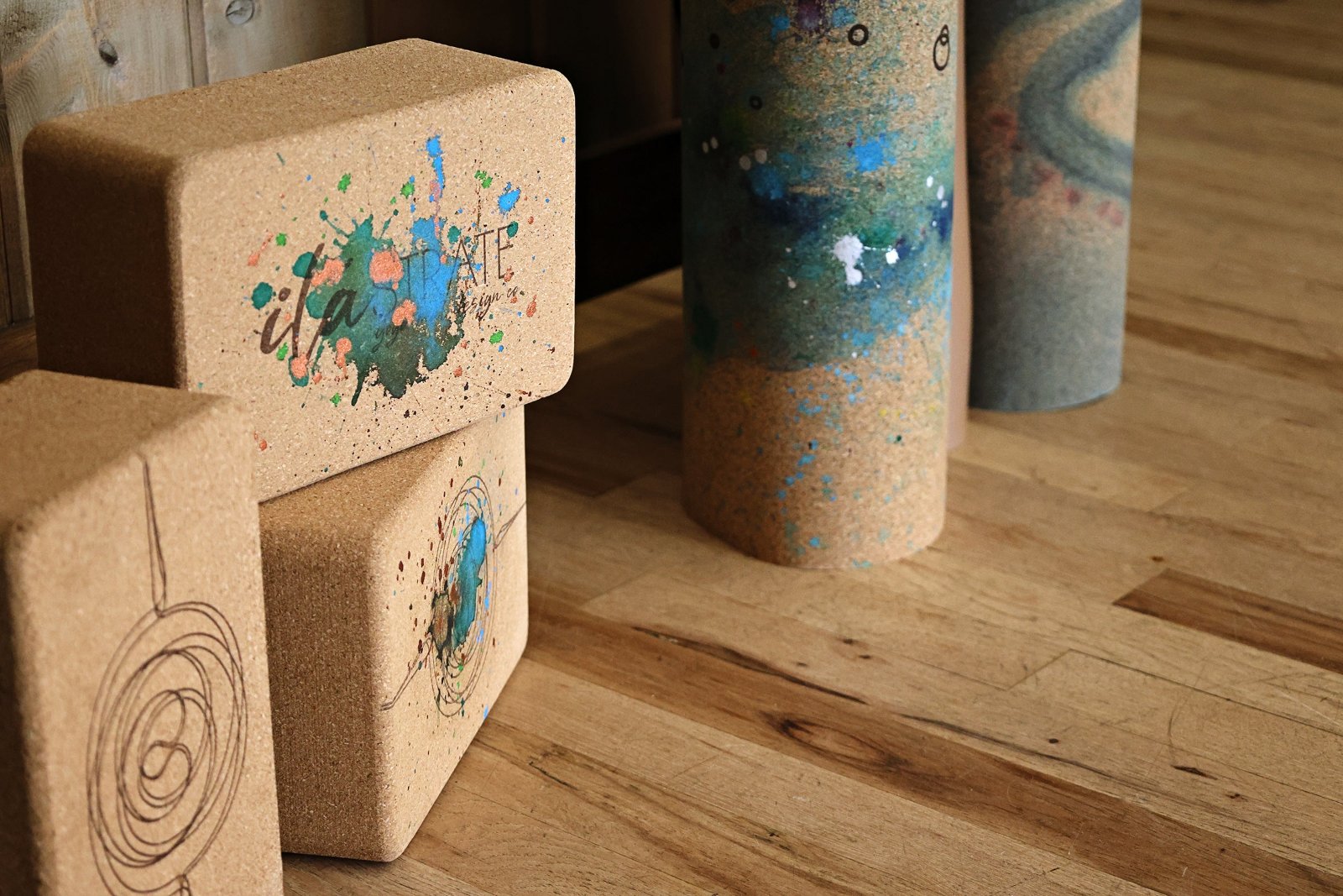 cork yoga blocks and rolled cork yoga mats hand painted