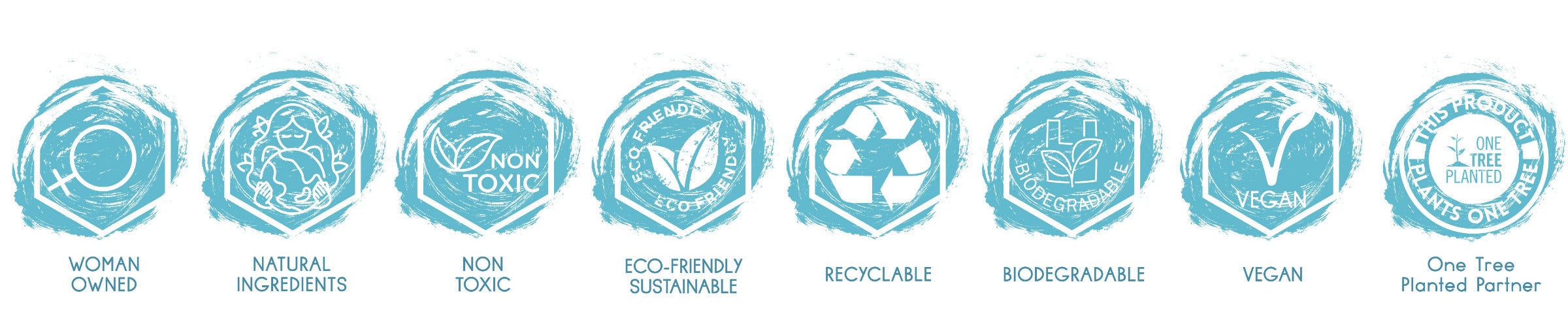 ilastrate icons indicating that the company is women owned, uses natural non-toxic eco-friendly recyclable and biodegradable materials and is a One Tree Planted Partner