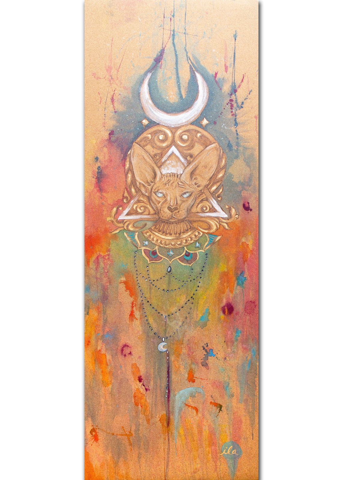 sphynx cat egyptian regal design pet portrait yoga mat. yoga mat is made of cork and hand painted