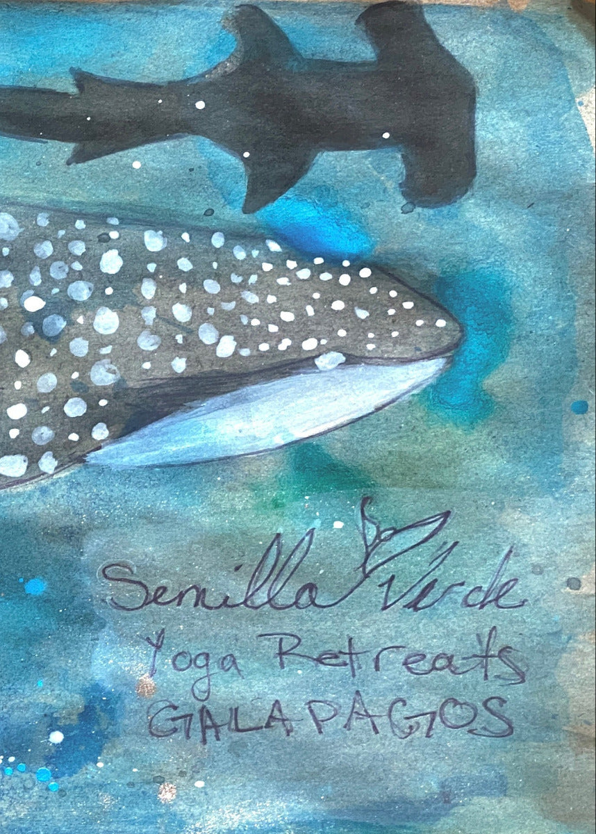 Whale shark illustration yoga mat with underwater scene and signature on a blue background